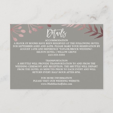 Elegant Rose Gold and Gray Wedding Details Enclosure Card