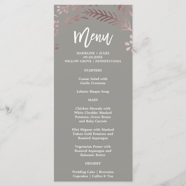 Elegant Rose Gold and Gray Wedding Menu Card (Front)