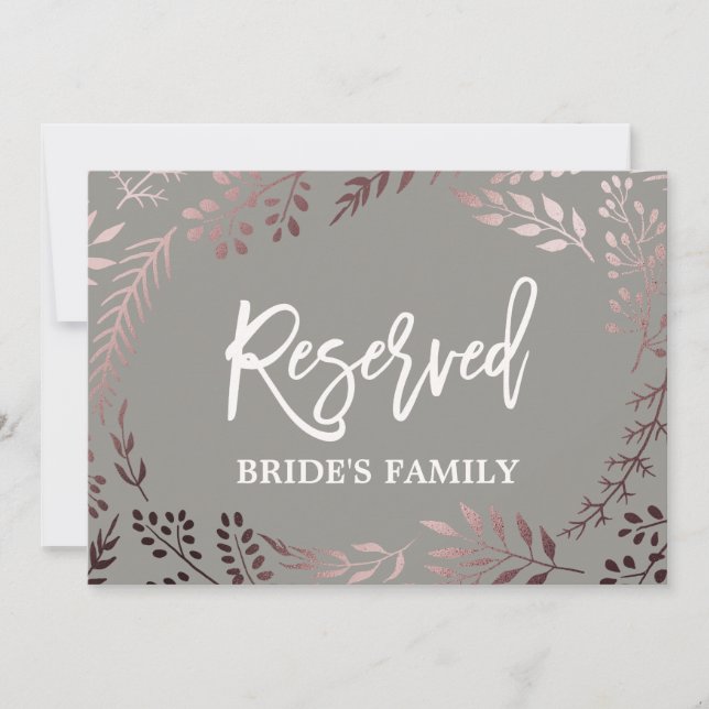 Elegant Rose Gold and Gray Wedding "Reserved" Sign Invitation (Front)