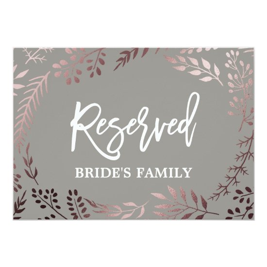 Elegant Rose Gold and Gray Wedding "Reserved" Sign Invitation