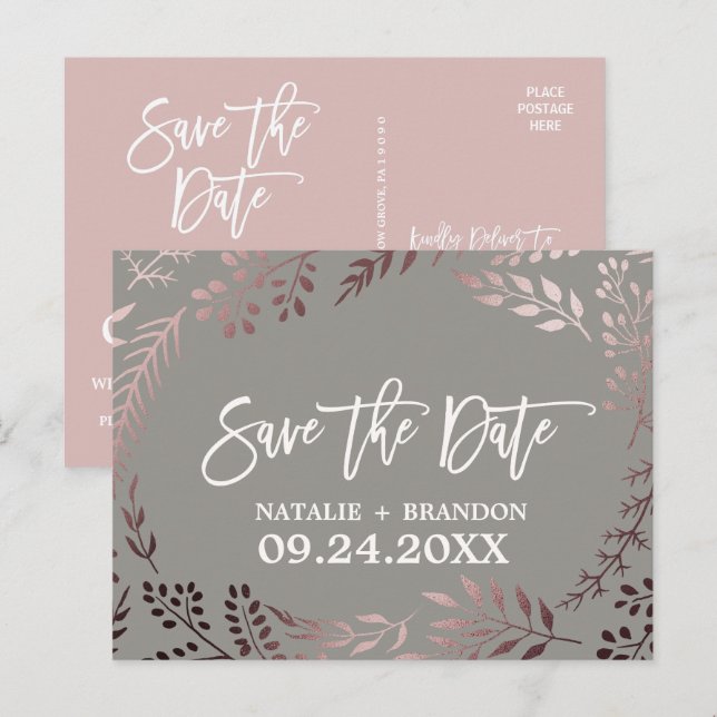 Elegant Rose Gold and Gray Wedding Save the Date Announcement Postcard (Front/Back)