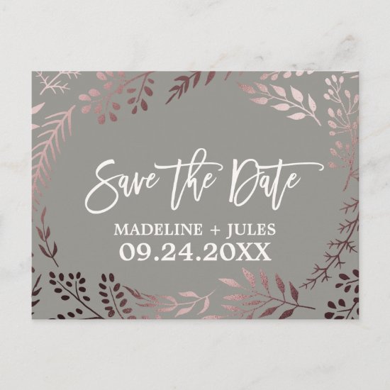 Elegant Rose Gold and Gray Wedding Save the Date Announcement Postcard