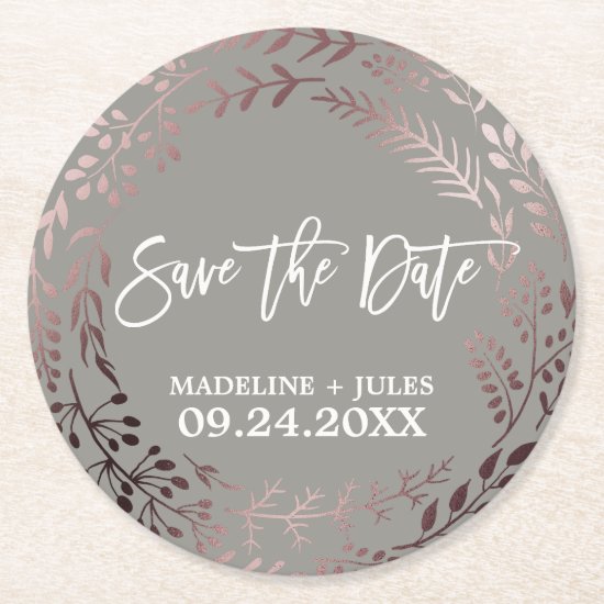 Elegant Rose Gold and Gray Wedding Save the Date Round Paper Coaster