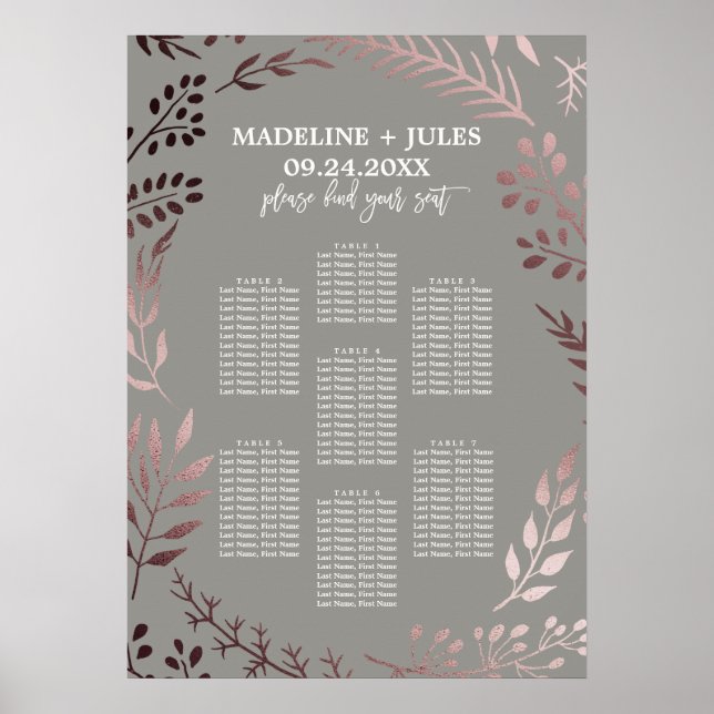Elegant Rose Gold and Gray Wedding Seating Chart (Front)