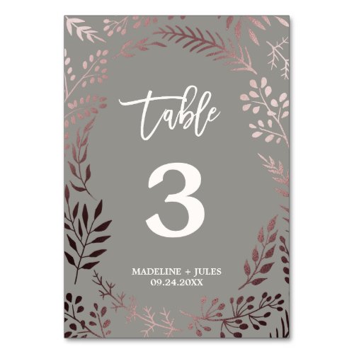 Elegant Rose Gold and Gray Wedding Table Number