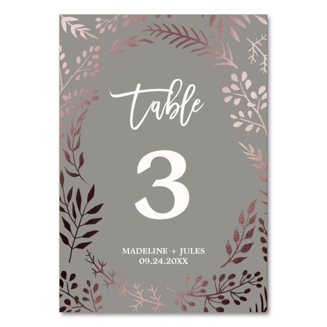 Elegant Rose Gold and Gray Wedding Table Number (Front)