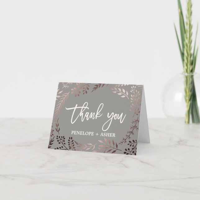 Elegant Rose Gold and Gray Wedding Thank You Card (Front)