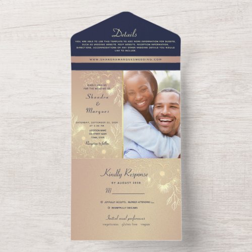 Elegant Rose Gold and Navy Blue Wedding All In One Invitation