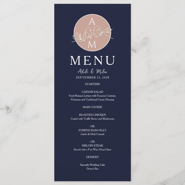 Elegant Rose Gold and Navy Blue Wedding Menu (Front)