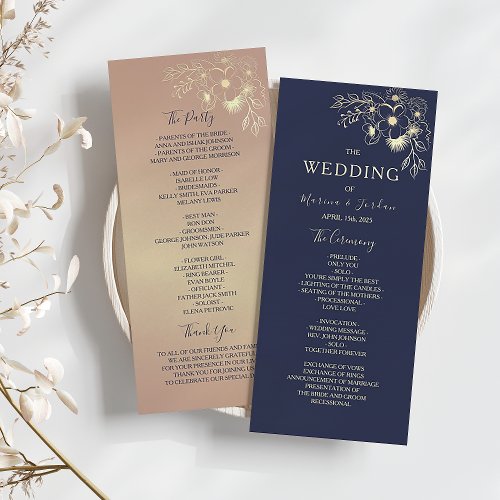 Elegant Rose Gold and Navy Blue Wedding Program