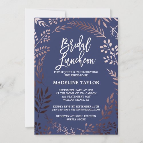 Elegant Rose Gold and Navy Bridal Luncheon Invitation