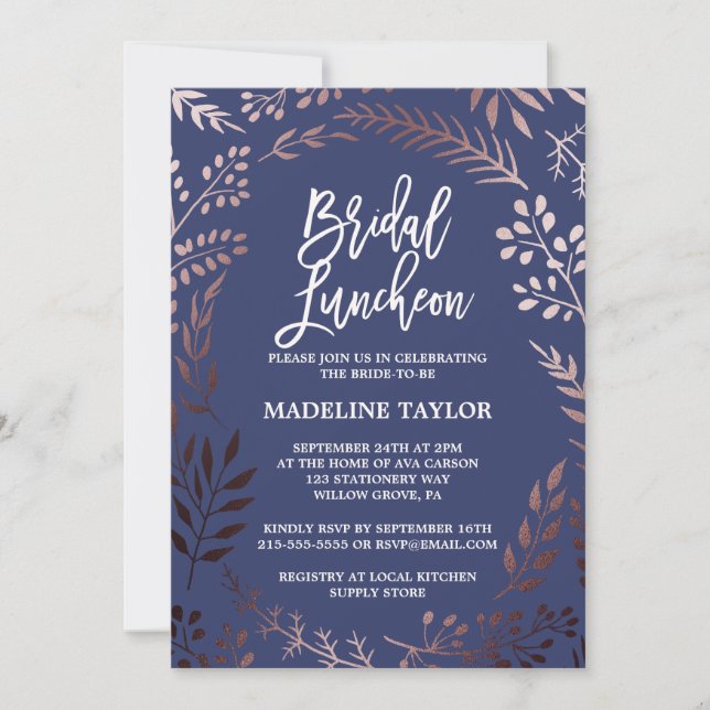 Elegant Rose Gold and Navy Bridal Luncheon Invitation (Front)