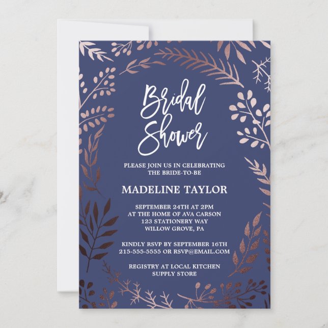 Elegant Rose Gold and Navy Bridal Shower Invitation (Front)