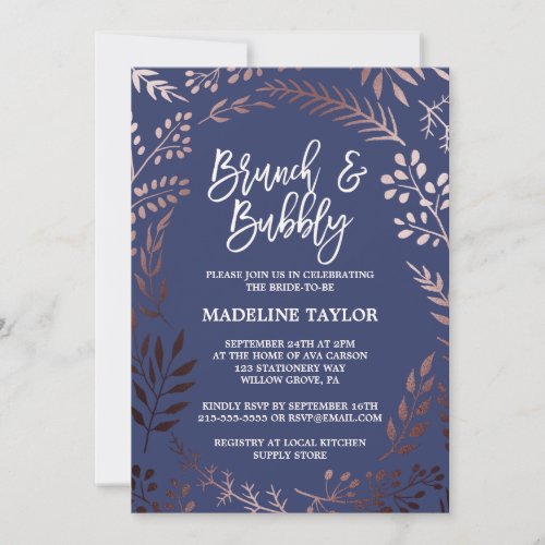 Elegant Rose Gold and Navy Brunch and Bubbly Invitation