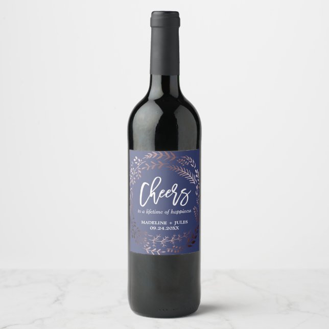 Elegant Rose Gold and Navy "Cheers" Wedding Wine Label (Front)
