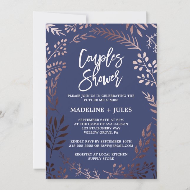 Elegant Rose Gold and Navy Couples Shower Invitation (Front)