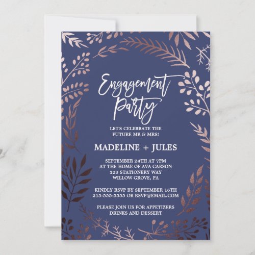 Elegant Rose Gold and Navy Engagement Party Invitation