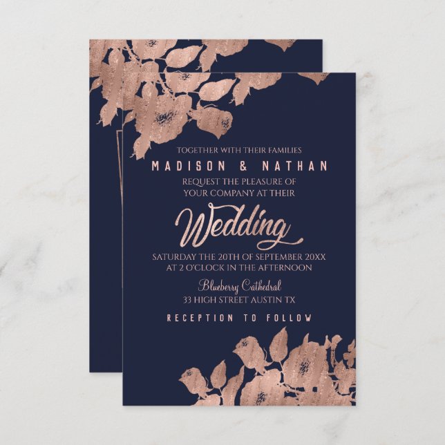 Elegant Rose Gold and Navy Floral Wedding Invitati Invitation (Front/Back)
