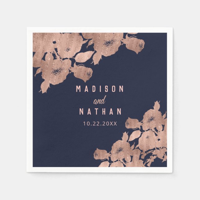 Elegant Rose Gold and Navy Floral Wedding Napkins (Front)