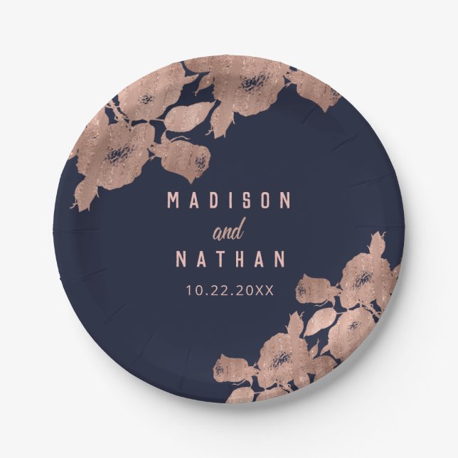 Elegant Rose Gold and Navy Floral Wedding Napkins Paper Plates (Front)
