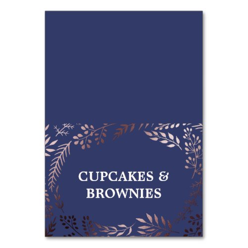 Elegant Rose Gold and Navy Food Tent Cards