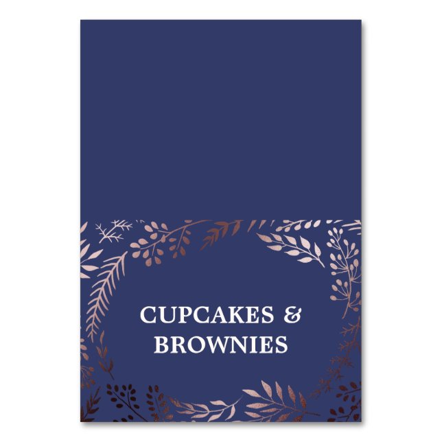 Elegant Rose Gold and Navy Food Tent Cards (Front)