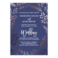 Elegant Rose Gold and Navy | Leafy Frame Wedding Card