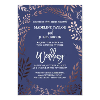 Elegant Rose Gold and Navy | Leafy Frame Wedding Card