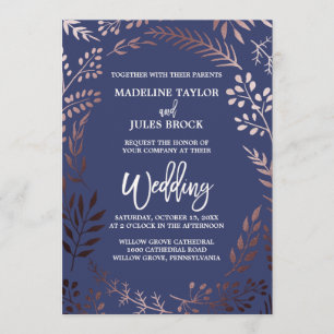 Elegant Rose Gold and Navy   Leafy Frame Wedding Invitation