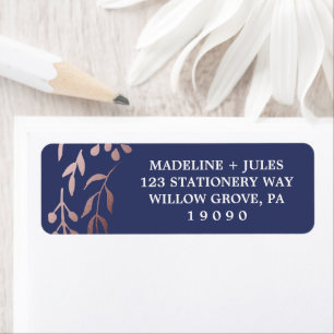 Elegant Rose Gold and Navy   Leafy Frame Wedding Label