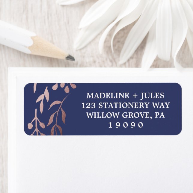 Elegant Rose Gold and Navy | Leafy Frame Wedding Label (Insitu)