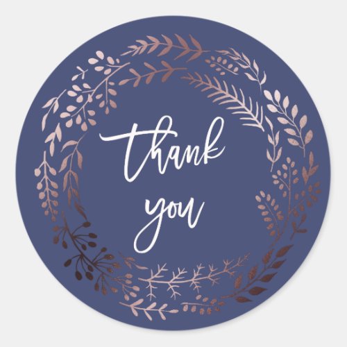 Elegant Rose Gold and Navy Thank You Wedding Favor Classic Round Sticker