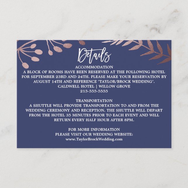 Elegant Rose Gold and Navy Wedding Details Card (Front)