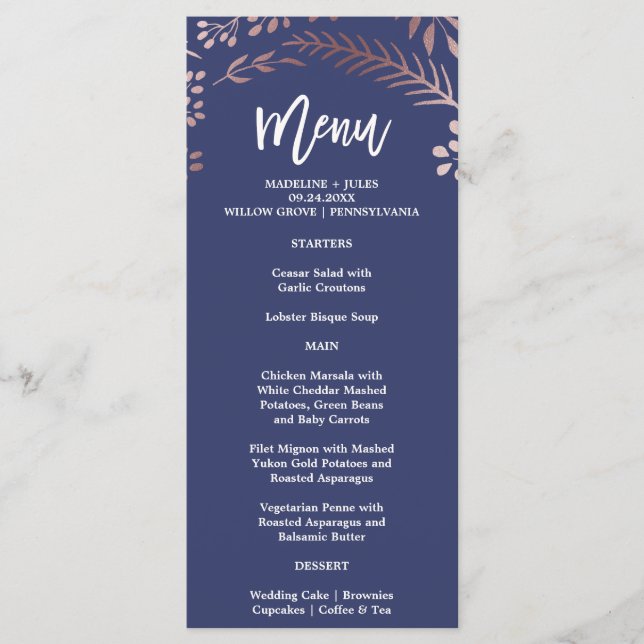 Elegant Rose Gold and Navy Wedding Menu Card (Front)