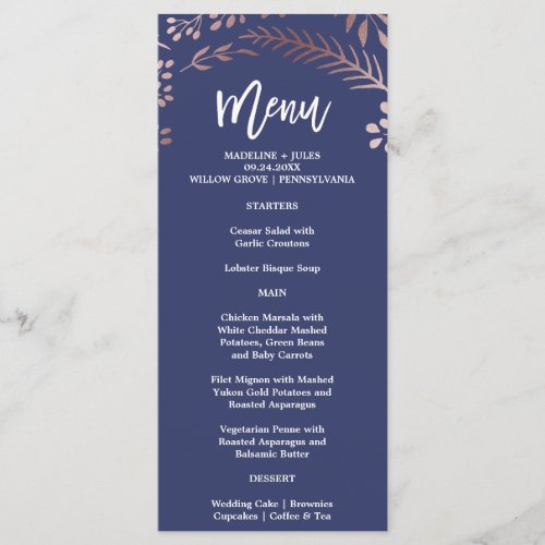 Elegant Rose Gold and Navy Wedding Menu Card