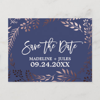 Elegant Rose Gold and Navy Wedding Save the Date Announcement Postcard