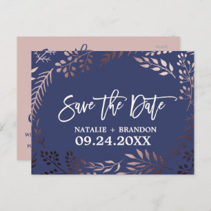 Elegant Rose Gold and Navy Wedding Save the Date Announcement Postcard