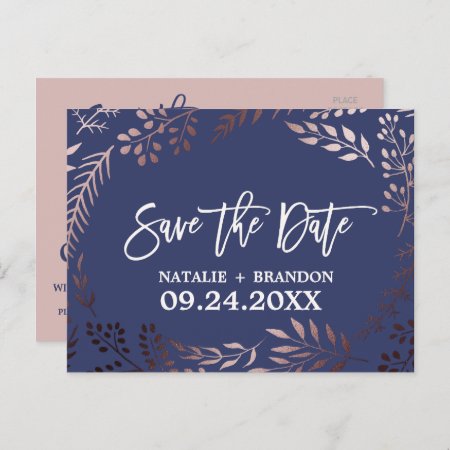 Elegant Rose Gold And Navy Wedding Save The Date Announcement Postcard