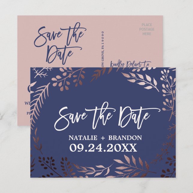 Elegant Rose Gold and Navy Wedding Save the Date Announcement Postcard (Front/Back)