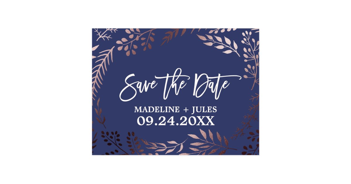 Elegant Rose Gold And Navy Wedding Save The Date Postcard