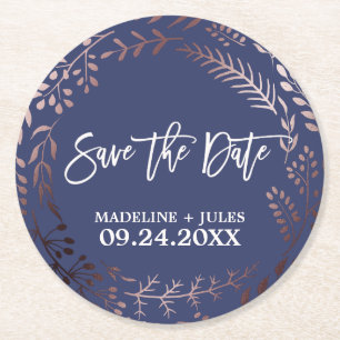 Elegant Rose Gold and Navy Wedding Save the Date Round Paper Coaster