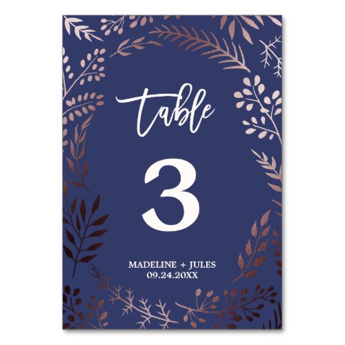 Elegant Rose Gold and Navy Wedding Table Number