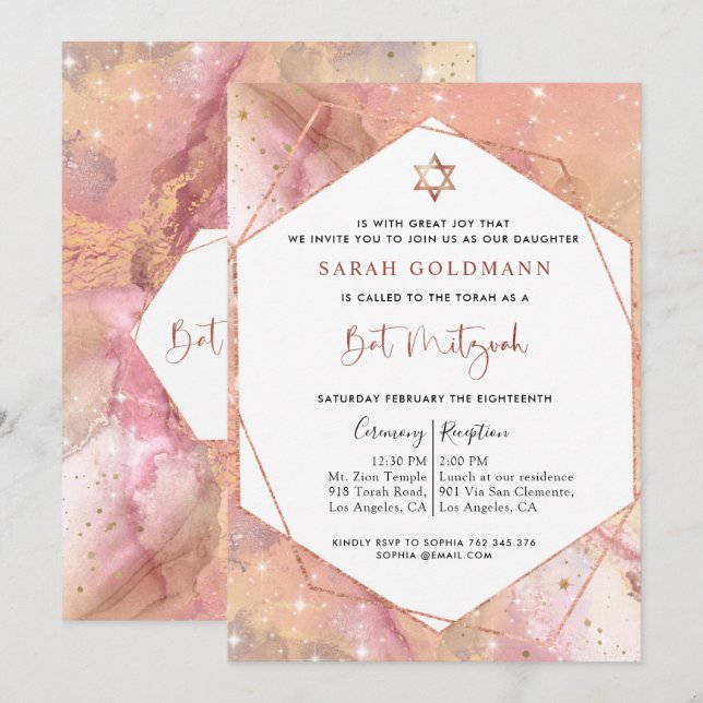 Elegant Rose Gold and Pink Celestial Bat Mitzvah Invitation (Front/Back)