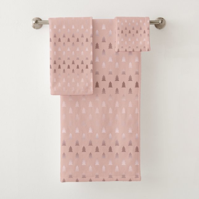 Elegant rose gold and pink Christmas tree pattern Bath Towel Set (Insitu)