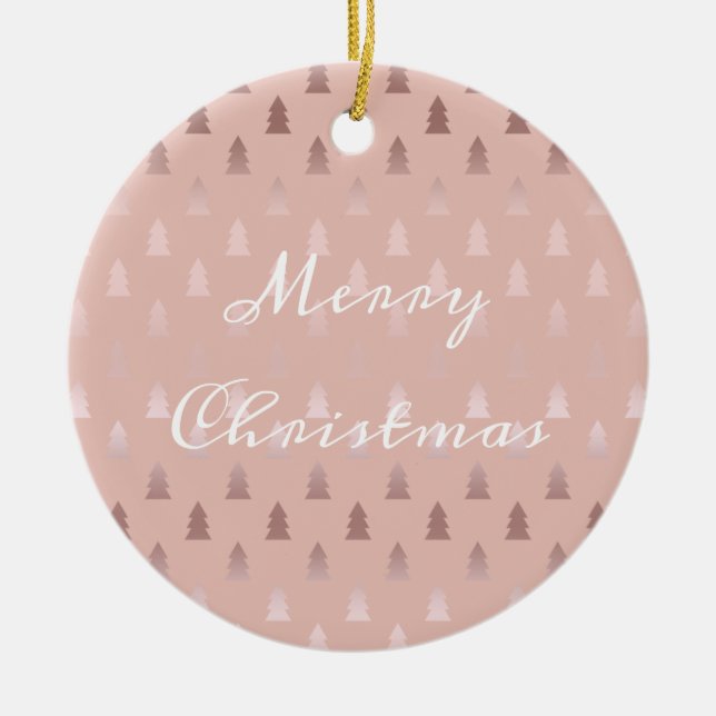 Elegant rose gold and pink Christmas tree pattern Ceramic Ornament (Front)