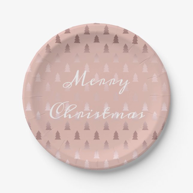 Elegant rose gold and pink Christmas tree pattern Paper Plates (Front)