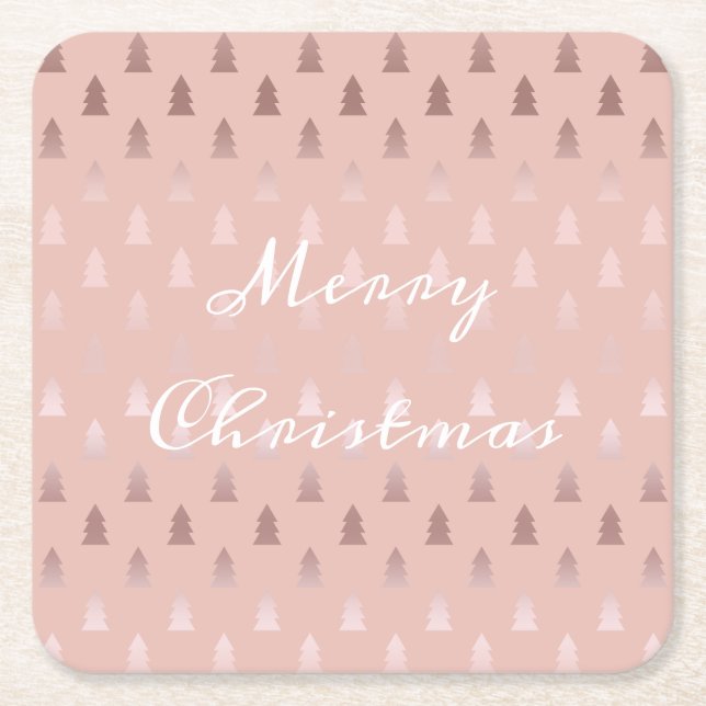 Elegant rose gold and pink Christmas tree pattern Square Paper Coaster (Front)