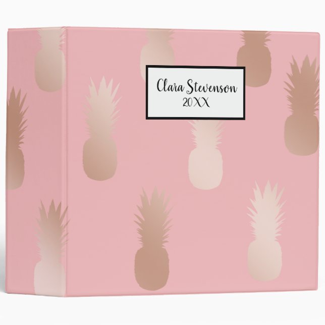 Elegant rose gold and pink pineapple pattern 3 ring binder (Front/Spine)