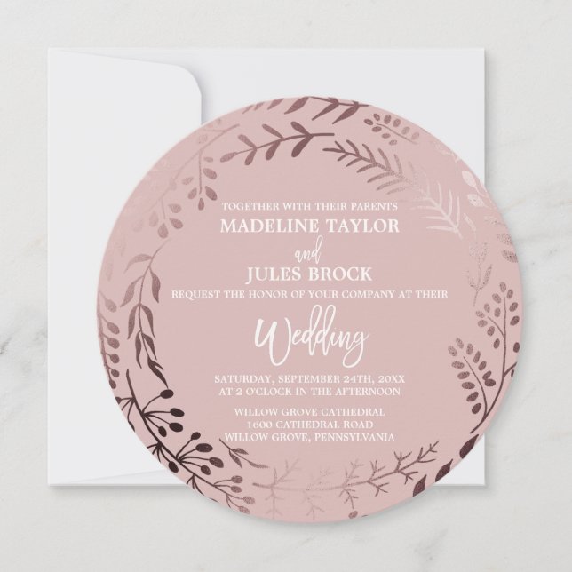 Elegant Rose Gold and Pink Round Wedding Invitation (Front)