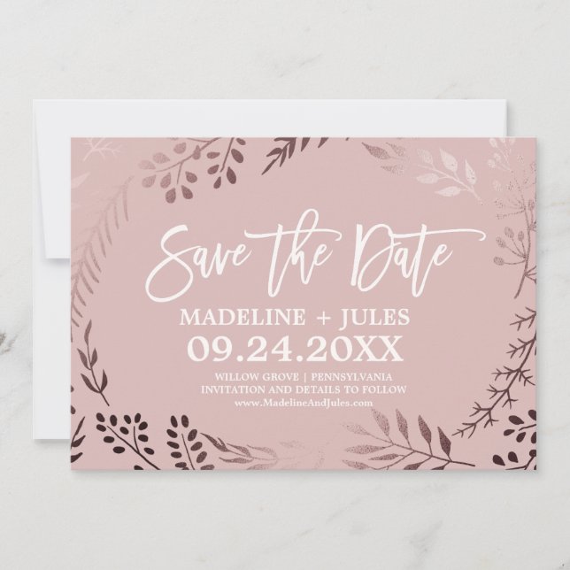 Elegant Rose Gold and Pink Save the Date Card (Front)